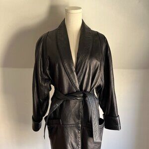 Vintage Black Belted Leather Jacket - XS